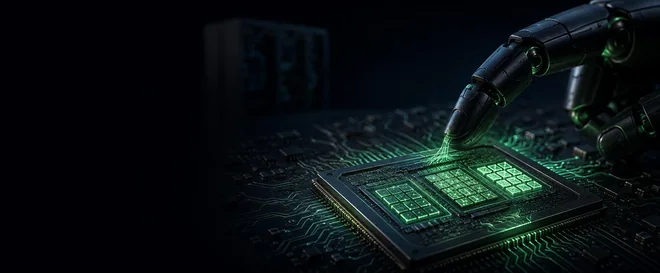 A robotic fingertip reaching down to a processor whose three compute regions glow green, with an unlit server rack far behind.